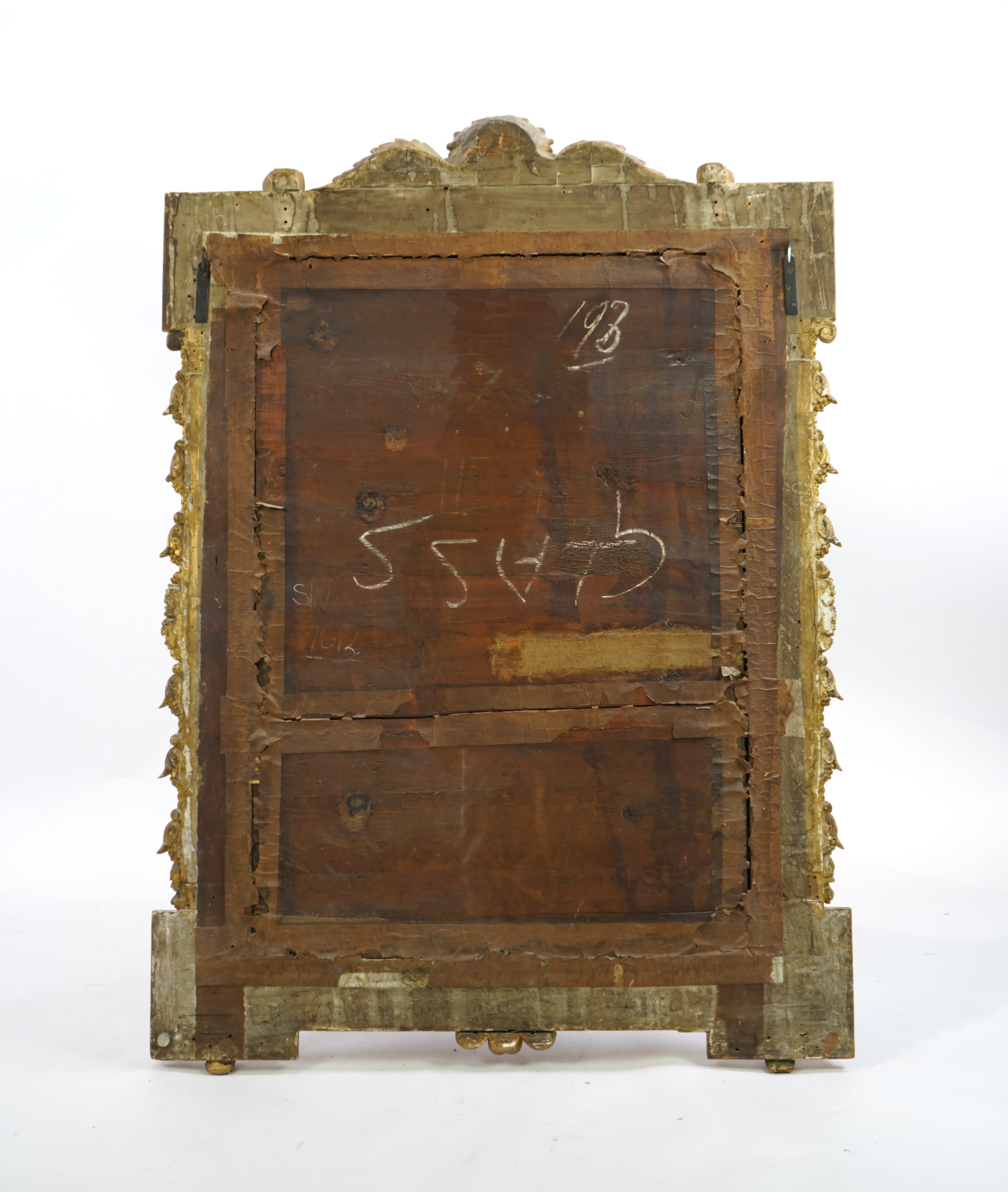 A late 19th century French carved gilt wood and composition overmantel mirror